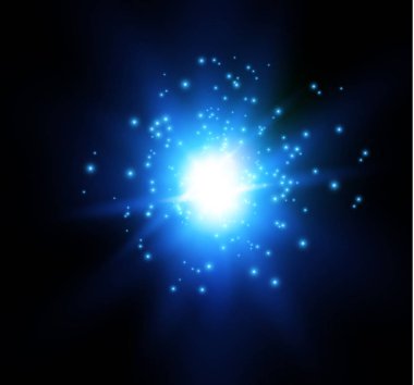 bir mavi background.bright flaş yıldız. Parlama ile gerçekçi patladı. Vektör çizim.