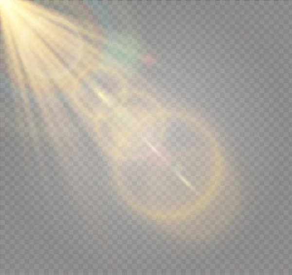 Lente abstracta dorado frontal solar llamarada transparente efecto de luz especial diseño . — Vector de stock