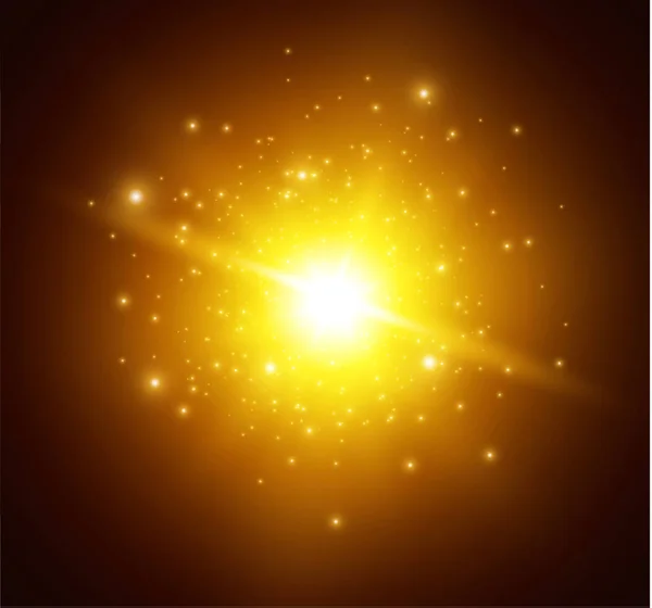 Έκρηξης ενός αστεριού σε σκούρο φόντο, εφέ φωτισμού, διανυσματικά εικονογράφηση. έκρηξη με σπίθες. Sun.Special επίδραση απομονώνονται σε ένα διαφανές φόντο. Ο σπινθήρας αναφλέγει. — Διανυσματικό Αρχείο