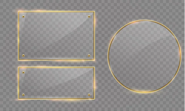 Vector glazen moderne banner instellen met glanzend gouden metalen frame op transparante achtergrond. — Stockvector