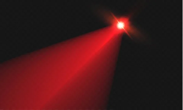 Abstrakter roter Laserstrahl. Transparent isoliert auf schwarzem Hintergrund. Vektorillustration.die Lichteffekte.Flutlichtrichtung. — Stockvektor
