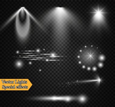 Gerçekçi Lens Flare öğeleri koleksiyonu. Işık efekti saydam tasarım. Vektör çizim.