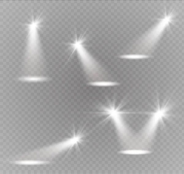 Realistické bílé šedé zářící reflektory na transparentní podle pozadí. Divadelní studio, osvětlení scény. Magie, světlé, gradient světelné efekty. — Stockový vektor