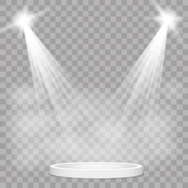 Gerçekçi beyaz gri parlak sahne ışıkları üzerinde şeffaf arka plan koydu. Tiyatro stüdyosu, sahne aydınlatma. Sihirli, parlak, degrade ışık efektleri.