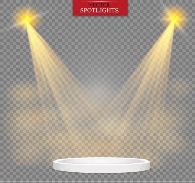 Gerçekçi beyaz gri parlak sahne ışıkları üzerinde şeffaf arka plan koydu. Tiyatro stüdyosu, sahne aydınlatma. Sihirli, parlak, degrade ışık efektleri.