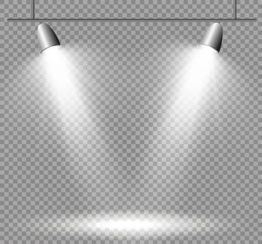 Gerçekçi beyaz gri parlak sahne ışıkları üzerinde şeffaf arka plan koydu. Tiyatro stüdyosu, sahne aydınlatma. Sihirli, parlak, degrade ışık efektleri.