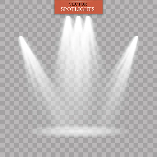 Ρεαλιστική λευκό γκρι λαμπερό προβολείς σε διαφανές φόντο που προβλέπονται. Θέατρο στούντιο, φωτισμό σκηνής. Μαγεία, φωτεινό, ντεγκραντέ εφέ φωτισμού. — Διανυσματικό Αρχείο