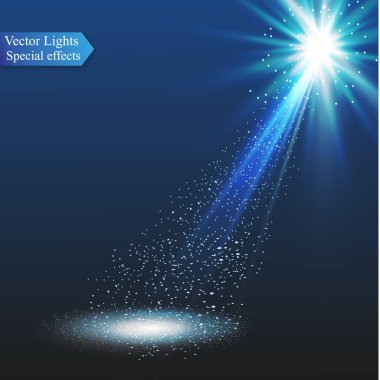 Vektör bir projektör. Işık efekti. Sahne aydınlatma, kareli koyu arka plan üzerinde şeffaf etkileri.