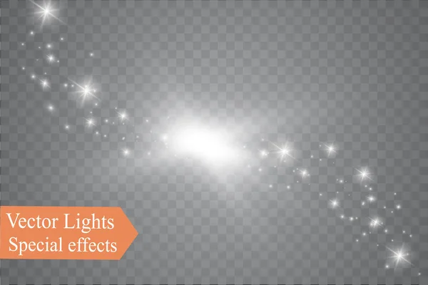 Poussière sur un fond transparent.étoiles lumineuses.L'effet d'éclairage lumineux . — Image vectorielle
