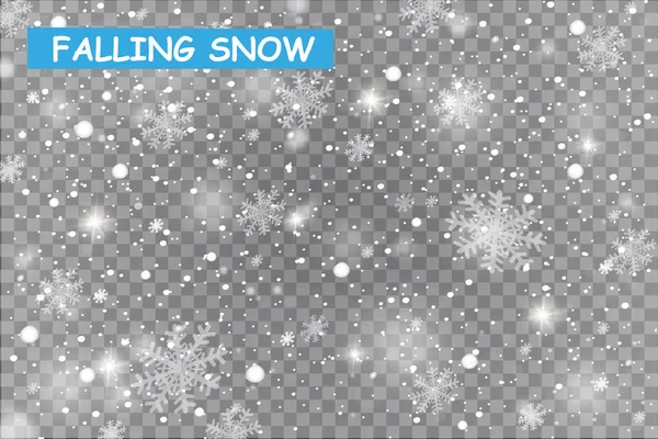 떨어지는 크리스마스 빛나는 투명 한 아름 다운 눈이 투명 한 배경에 고립. 눈송이, 눈 눈송이 벡터. — 스톡 벡터