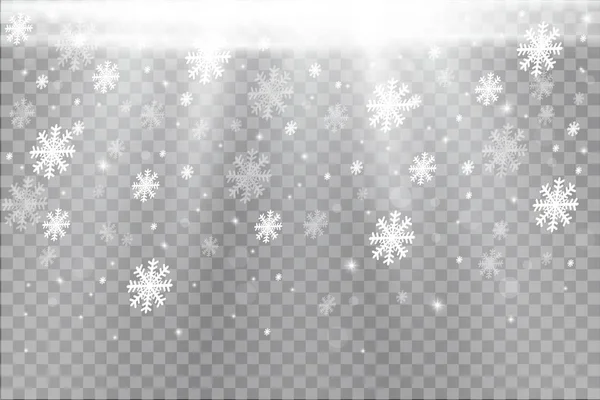 Fallende Weihnachten glänzenden transparenten schönen Schnee isoliert auf transparentem Hintergrund. Schneeflocken, Schneefall. Schneeflockenvektor. — Stockvektor