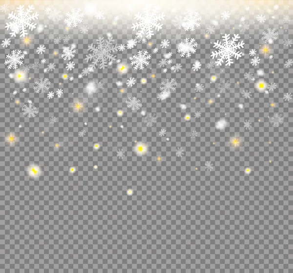 Caída de Navidad Brillante nieve hermosa transparente aislada sobre fondo transparente. Copos de nieve, nevadas. vector copo de nieve . — Vector de stock