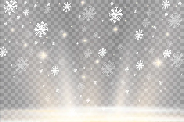 Fallende Weihnachten glänzenden transparenten schönen Schnee isoliert auf transparentem Hintergrund. Schneeflocken, Schneefall. Schneeflockenvektor. — Stockvektor