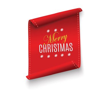 Kırmızı gerçekçi kıvrımlı kağıt beyaz arka planda izole Mutlu Noeller pankartı. Vektör illüstrasyonu.