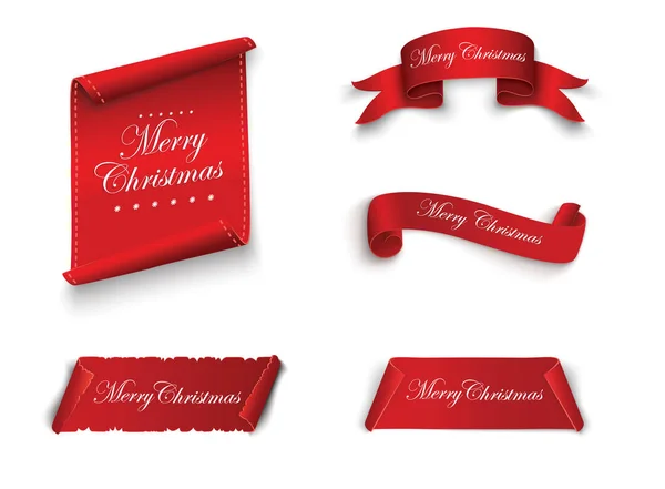 Red realistic detailed curved paper Merry Christmas banner isolated on white background. Vector illustration. — Stock Vector