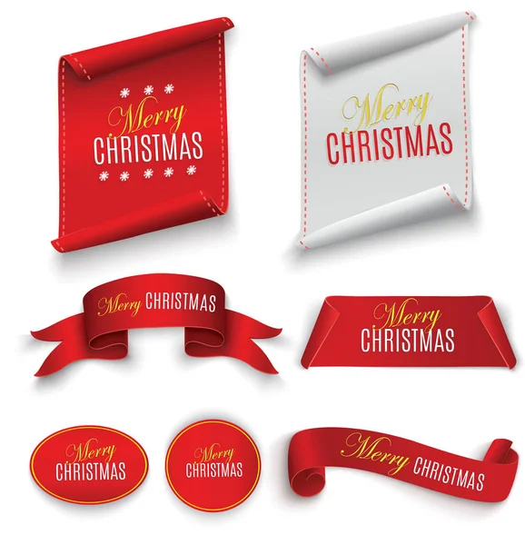 Red realistic detailed curved paper Merry Christmas banner isolated on white background. Vector illustration. — Stock Vector