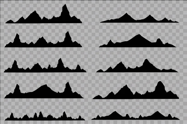 Conjunto de siluetas de montaña en blanco y negro.Borde de fondo de montañas rocosas. . — Archivo Imágenes Vectoriales