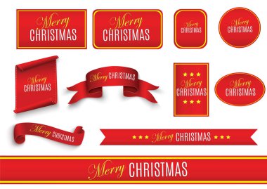 Kırmızı gerçekçi kıvrımlı kağıt beyaz arka planda izole Mutlu Noeller pankartı. Vektör illüstrasyonu.