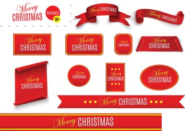 Kırmızı gerçekçi kıvrımlı kağıt beyaz arka planda izole Mutlu Noeller pankartı. Vektör illüstrasyonu.