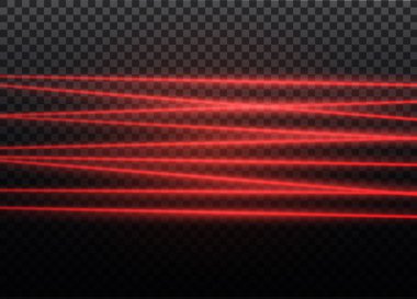 Soyut kırmızı lazer ışını. Siyah arkaplanda şeffaf izole edilmiş. Vektör illüstrasyonu. Işıklandırma efekti..