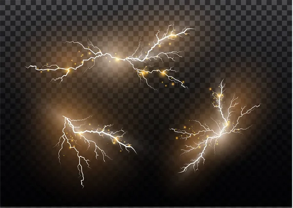 雷魔法と明るい光の効果のセットです。ベクトルの図。電流を放電します。現在充電します。自然現象。エネルギー効果の図。明るい光はフレアし、火花 — ストックベクタ
