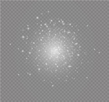 Beyaz kıvılcımlar ve altın yıldızlar özel ışık efekti gösterirler. Şeffaf arkaplanda vektör ışıltısı. Noel soyut kalıbı. Parıldayan sihirli toz parçacıkları.