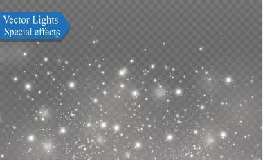 Beyaz kıvılcımlar ve altın yıldızlar özel ışık efekti gösterirler. Şeffaf arkaplanda vektör ışıltısı. Noel soyut kalıbı. Parıldayan sihirli toz parçacıkları.