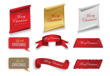 Kırmızı gerçekçi kıvrımlı kağıt beyaz arka planda izole Mutlu Noeller pankartı. Vektör illüstrasyonu.