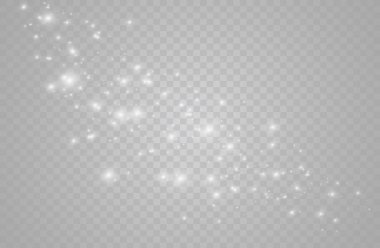 Beyaz kıvılcımlar ve altın yıldızlar özel ışık efekti gösterirler. Şeffaf arkaplanda vektör ışıltısı. Noel soyut kalıbı. Parıldayan sihirli toz parçacıkları.