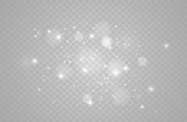 Beyaz kıvılcımlar ve altın yıldızlar özel ışık efekti gösterirler. Şeffaf arkaplanda vektör ışıltısı. Noel soyut kalıbı. Parıldayan sihirli toz parçacıkları.