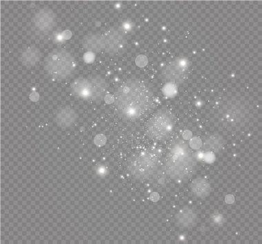 Beyaz kıvılcımlar ve altın yıldızlar özel ışık efekti gösterirler. Şeffaf arkaplanda vektör ışıltısı. Noel soyut kalıbı. Parıldayan sihirli toz parçacıkları.