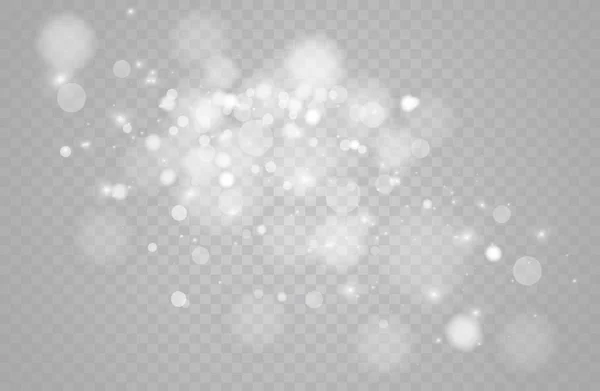 白い火花と金色の星は特別な光効果を輝きます。透明感のある背景にベクトルが輝きます。クリスマスの抽象的なパターン。輝く魔法の塵粒子. — ストックベクタ