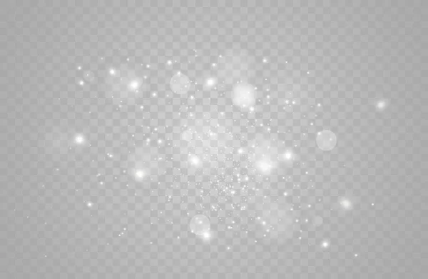 Faíscas brancas e estrelas douradas brilham efeito de luz especial. O vetor brilha no fundo transparente. Natal padrão abstrato. Partículas de poeira mágica espumante. —  Vetores de Stock