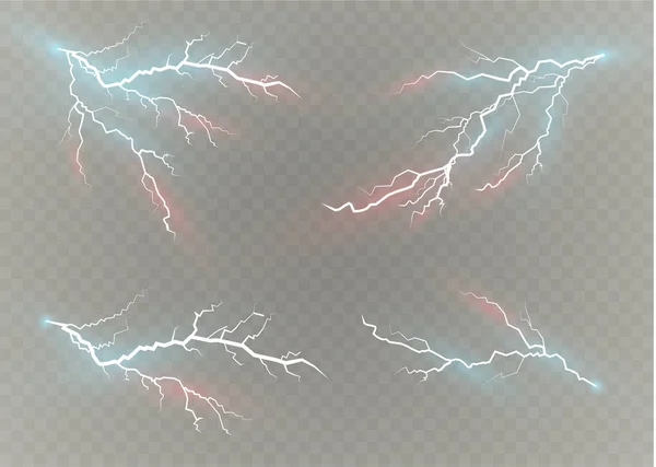 Eine Reihe von Blitz-Magie und helle Lichteffekte. Vektorillustration. Entladung elektrischen Strom. Ladestrom. Naturphänomene. Illustration zum Energieeffekt. helles Licht Fackeln und Funken — Stockvektor