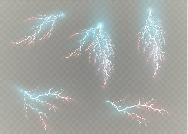 雷魔法と明るい光の効果のセットです。ベクトルの図。電流を放電します。現在充電します。自然現象。エネルギー効果の図。明るい光はフレアし、火花 — ストックベクタ
