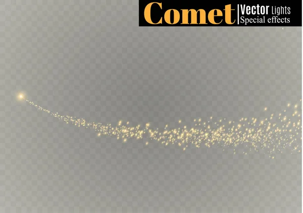 Yellow sparks and stars shine with special light. Sparkling magical dust particles. The effect of a flare flare with a beam of light and magical brilliance. A comet on the sky — Stock Vector