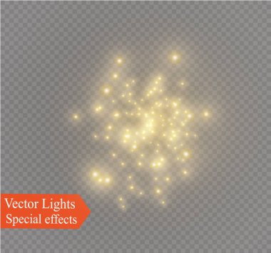 Beyaz kıvılcımlar ve altın yıldızlar özel ışık efekti gösterirler. Şeffaf arkaplanda vektör ışıltısı. Noel soyut kalıbı. Parıldayan sihirli toz parçacıkları.