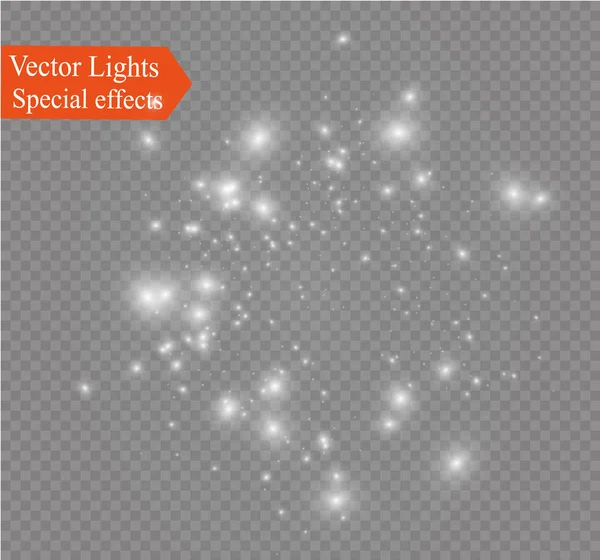 Etincelles blanches et étoiles dorées scintillent effet de lumière spécial. Vector scintille sur fond transparent. Modèle abstrait de Noël. Particules de poussière magique étincelantes. — Image vectorielle