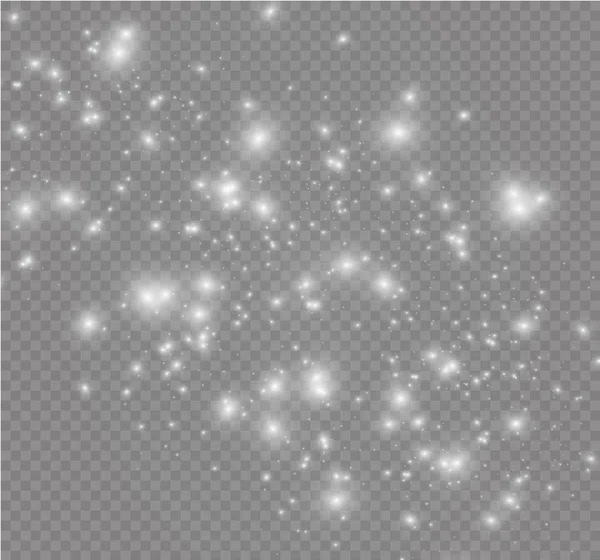 Faíscas brancas e estrelas douradas brilham efeito de luz especial. O vetor brilha no fundo transparente. Natal padrão abstrato. Partículas de poeira mágica espumante. — Vetor de Stock