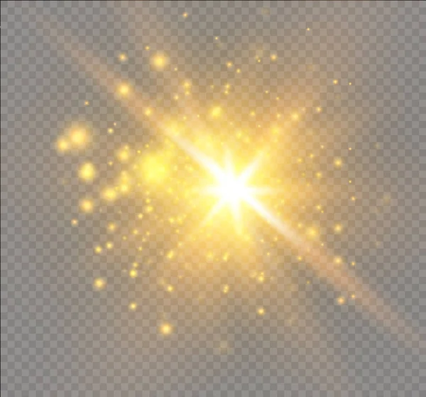 Faíscas brancas e estrelas douradas brilham efeito de luz especial. O vetor brilha no fundo transparente. Natal padrão abstrato. Partículas de poeira mágica espumante. — Vetor de Stock