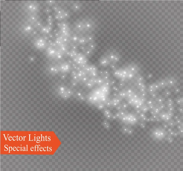 Etincelles blanches et étoiles dorées scintillent effet de lumière spécial. Vector scintille sur fond transparent. Modèle abstrait de Noël. Particules de poussière magique étincelantes. — Image vectorielle