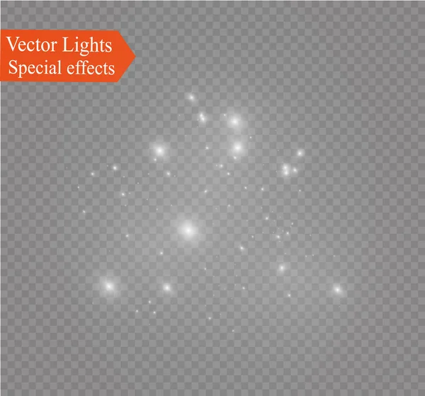 Chispas blancas y estrellas doradas brillan efecto de luz especial. El vector brilla sobre un fondo transparente. Patrón abstracto de Navidad. Espumosas partículas de polvo mágico. — Vector de stock