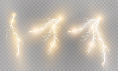 Yıldırım sihirli ve parlak ışık efektleri kümesi. Vektör çizim. Elektrik akımı deşarj. Geçerli şarj edin. Doğal olayların. Enerji etkisi illüstrasyon. Parlak bir ışık parlaması ve kıvılcım