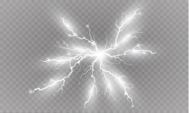 Yıldırım sihirli ve parlak ışık efektleri kümesi. Vektör çizim. Elektrik akımı deşarj. Geçerli şarj edin. Doğal olayların. Enerji etkisi illüstrasyon. Parlak bir ışık parlaması ve kıvılcım