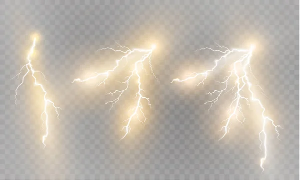 En uppsättning lightning magi och ljusa ljuseffekter. Vektorillustration. Ansvarsfrihet för elektrisk ström. Ladda nuvarande. Naturfenomen. Energi effekt illustration. Starkt ljus flare och gnistor — Stock vektor