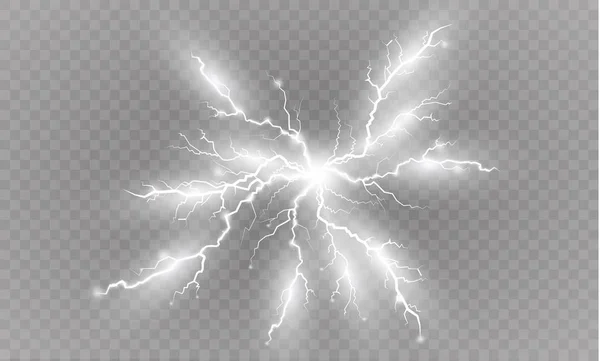 Eine Reihe von Blitz-Magie und helle Lichteffekte. Vektorillustration. Entladung elektrischen Strom. Ladestrom. Naturphänomene. Illustration zum Energieeffekt. helles Licht Fackeln und Funken — Stockvektor