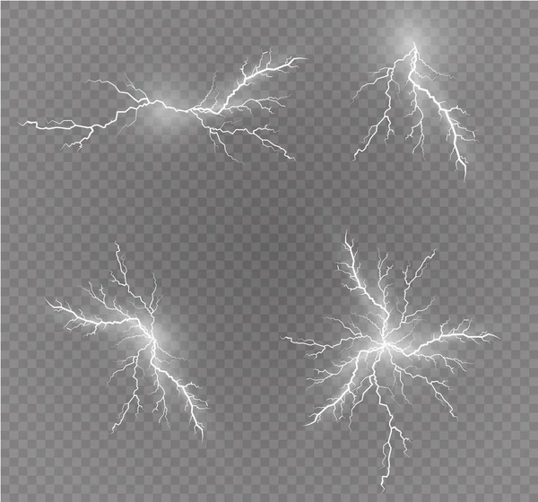 雷魔法と明るい光の効果のセットです。ベクトルの図。電流を放電します。現在充電します。自然現象。エネルギー効果の図。明るい光はフレアし、火花 — ストックベクタ