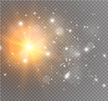 Beyaz kıvılcımlar ve altın yıldızlar özel ışık efekti gösterirler. Şeffaf arkaplanda vektör ışıltısı. Noel soyut kalıbı. Parıldayan sihirli toz parçacıkları.