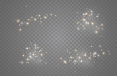 Beyaz kıvılcımlar ve altın yıldızlar özel ışık efekti gösterirler. Şeffaf arkaplanda vektör ışıltısı. Noel soyut kalıbı. Parıldayan sihirli toz parçacıkları.