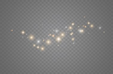 Beyaz kıvılcımlar ve altın yıldızlar özel ışık efekti gösterirler. Şeffaf arkaplanda vektör ışıltısı. Noel soyut kalıbı. Parıldayan sihirli toz parçacıkları.